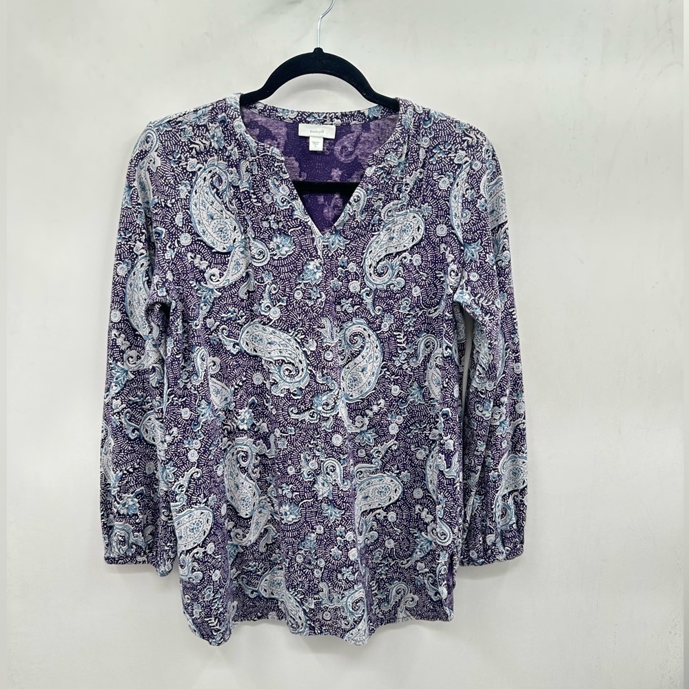 PureJill purple long sleeve cotton woman paisley coastal grandma casual tee S